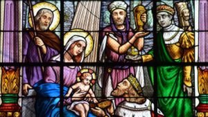 Magi giving gifts to Jesus, Joseph and Mary